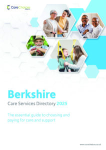 Cover of the Berkshire Care Services Directory 2025 with photos of diverse people, including seniors and carers, in hexagonal frames. The text highlights the Berkshire Care Services Directory as an essential guide for care and support.