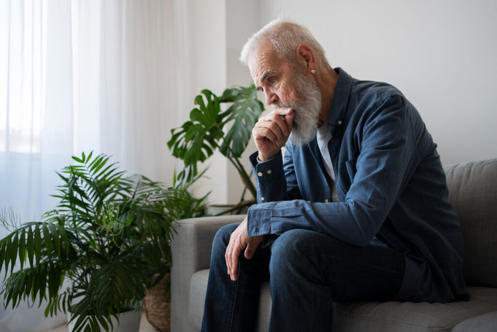 Lonely bearded older man sits in contemplation