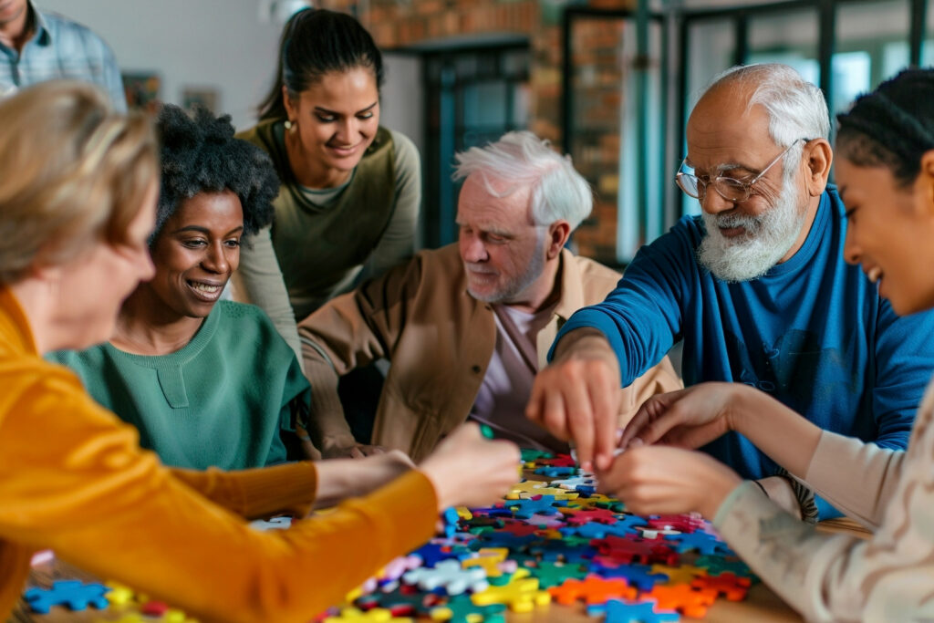 Group of older adults completing puzzle