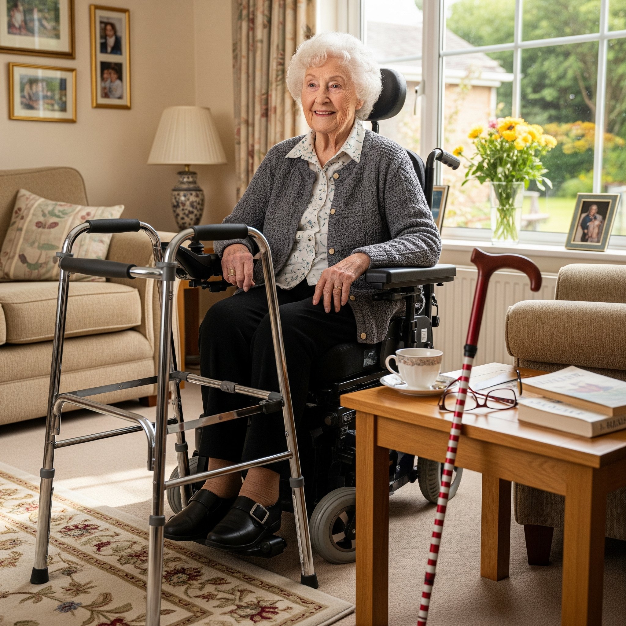 elderly lady in living room with walking frame