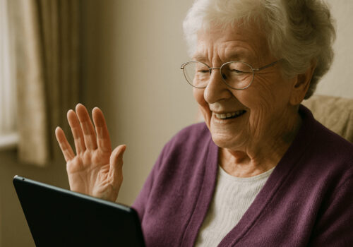 An elderly woman wearing glasses and a purple cardigan sits in an armchair, smiling and waving at a tablet during a video call.