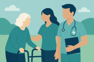 Illustration of an elderly woman using a walking frame, accompanied by a carer and a healthcare professional holding a clipboard outdoors.