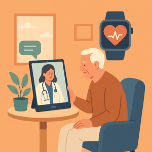 An older man sits in a chair having a virtual consultation with a female doctor on a tablet; a smartwatch with a heart monitor icon is shown in the background.
