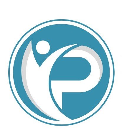 A blue and white circular logo featuring a stylised person next to a large letter P.