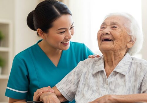 A nurse smiles at an elderly woman in a wheelchair, gently holding her hand and shoulder in a bright indoor setting.