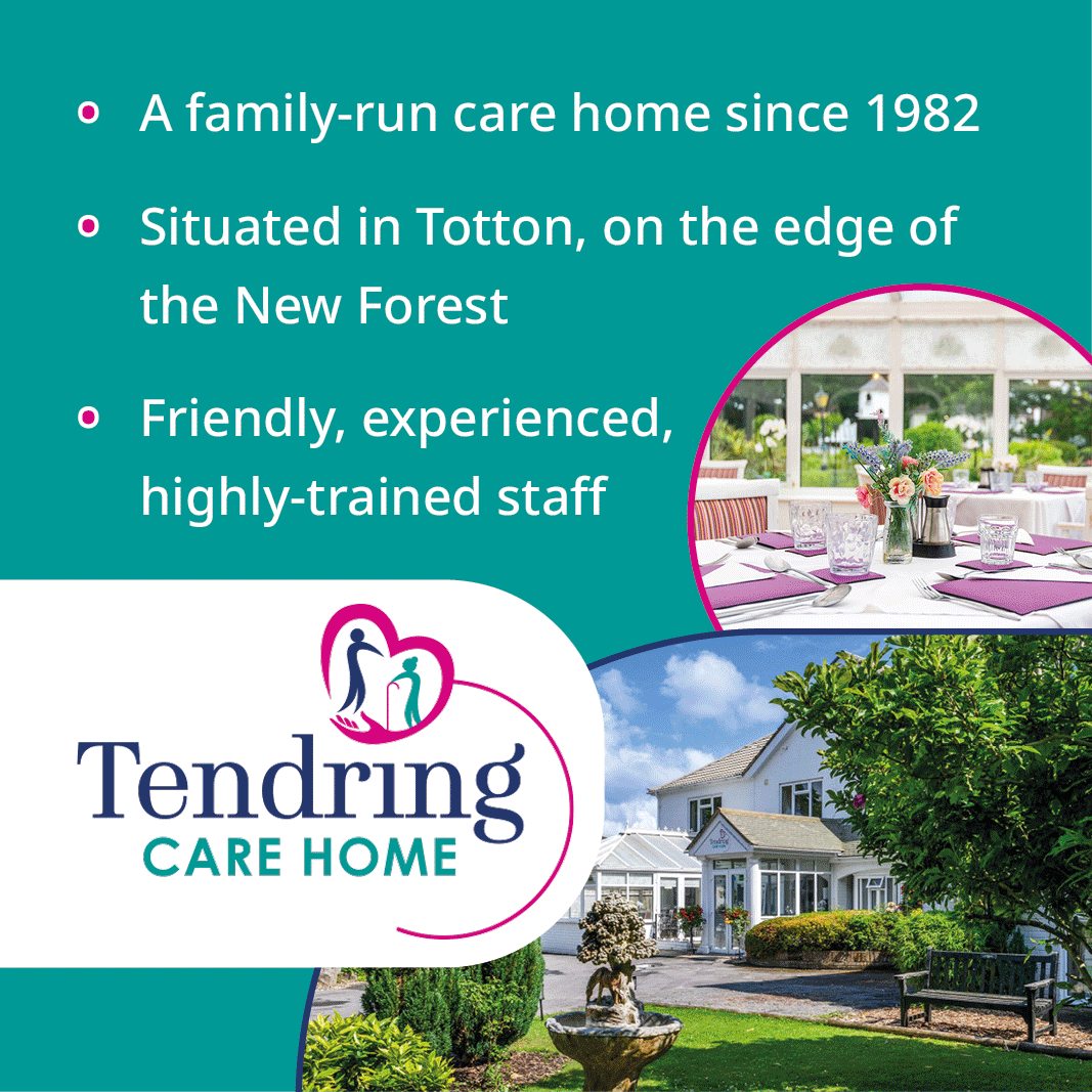 Tendring Care Home advertisement highlighting its family-run status since 1982, location in Totton, trained staff, and featuring images of the home’s exterior and a dining area.