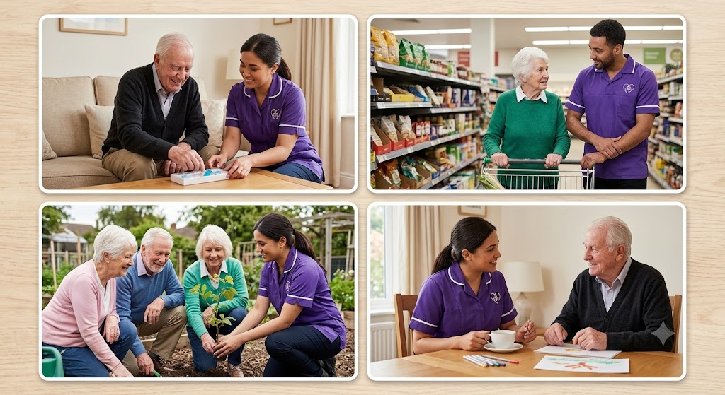 Four scenes show carers assisting seniors: playing a game, shopping for groceries, gardening outdoors, and having a conversation at a table with hot drinks and colouring materials.