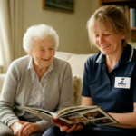An elderly woman and a carer sit together on a sofa, smiling and looking at a photo album. The carer is wearing a navy uniform with a name badge.