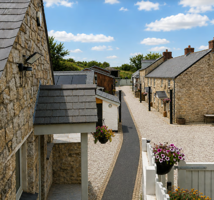 A narrow, paved path winds between rows of stone cottages with slate roofs and hanging flower baskets.